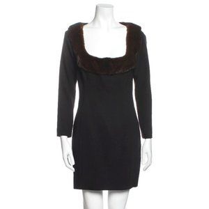Zang Toi Square Neck Fur Trim Little Black Dress